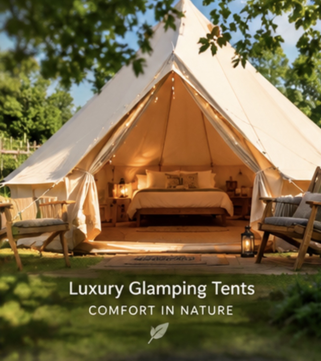 AI-created concept of an open furnished tent beneath trees