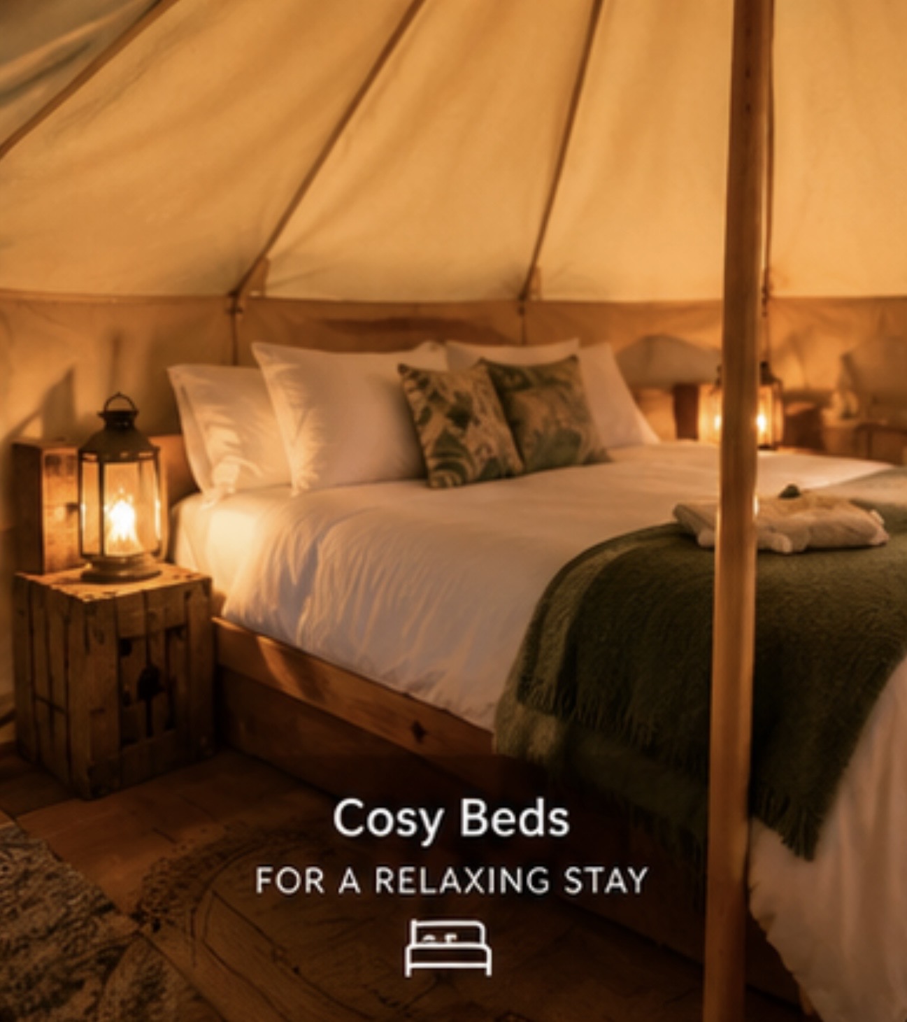 AI-created concept of a lantern-lit bed inside a tent